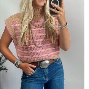 Pink and Tan Striped Women's Sweater Vest
